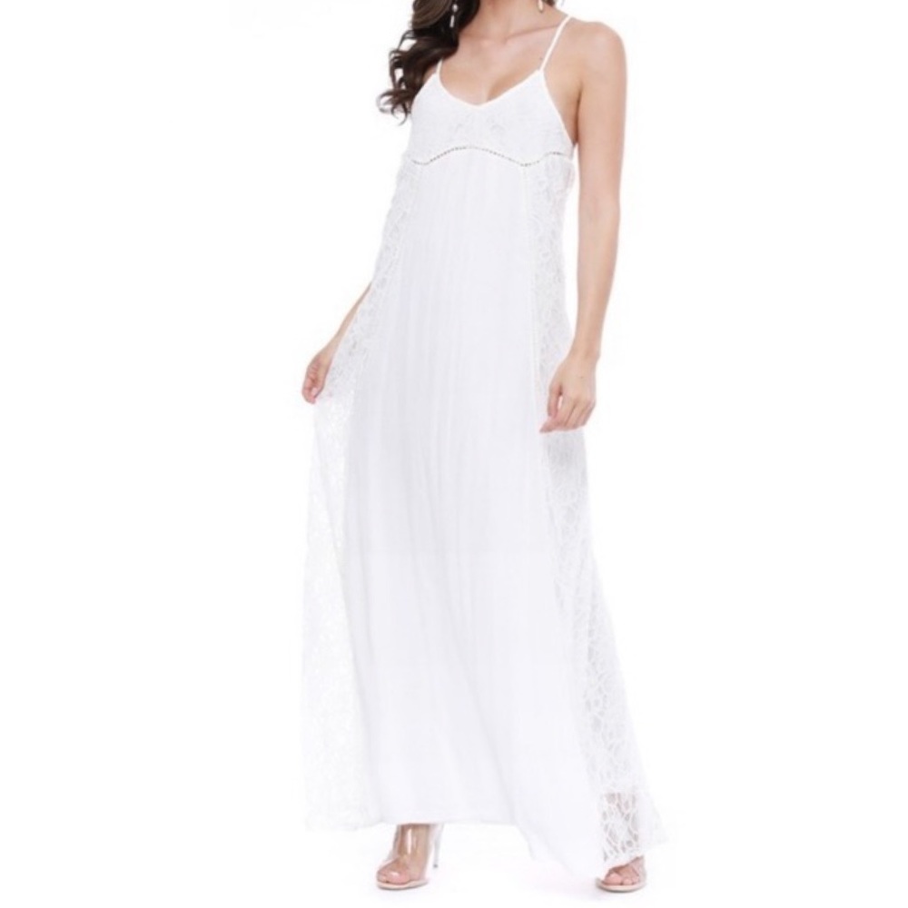 White Lace Maxi Dress | Spaghetti Strap | Sheer Overlay Summer Beach Boho Bridal